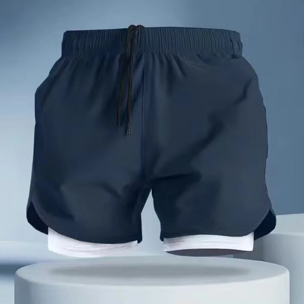 2 In 1 Sportwear Breathable Running Shorts Summer Sportswear Dark Blue Outdoor Sportswear For Men Polyester Spandex Fabric
