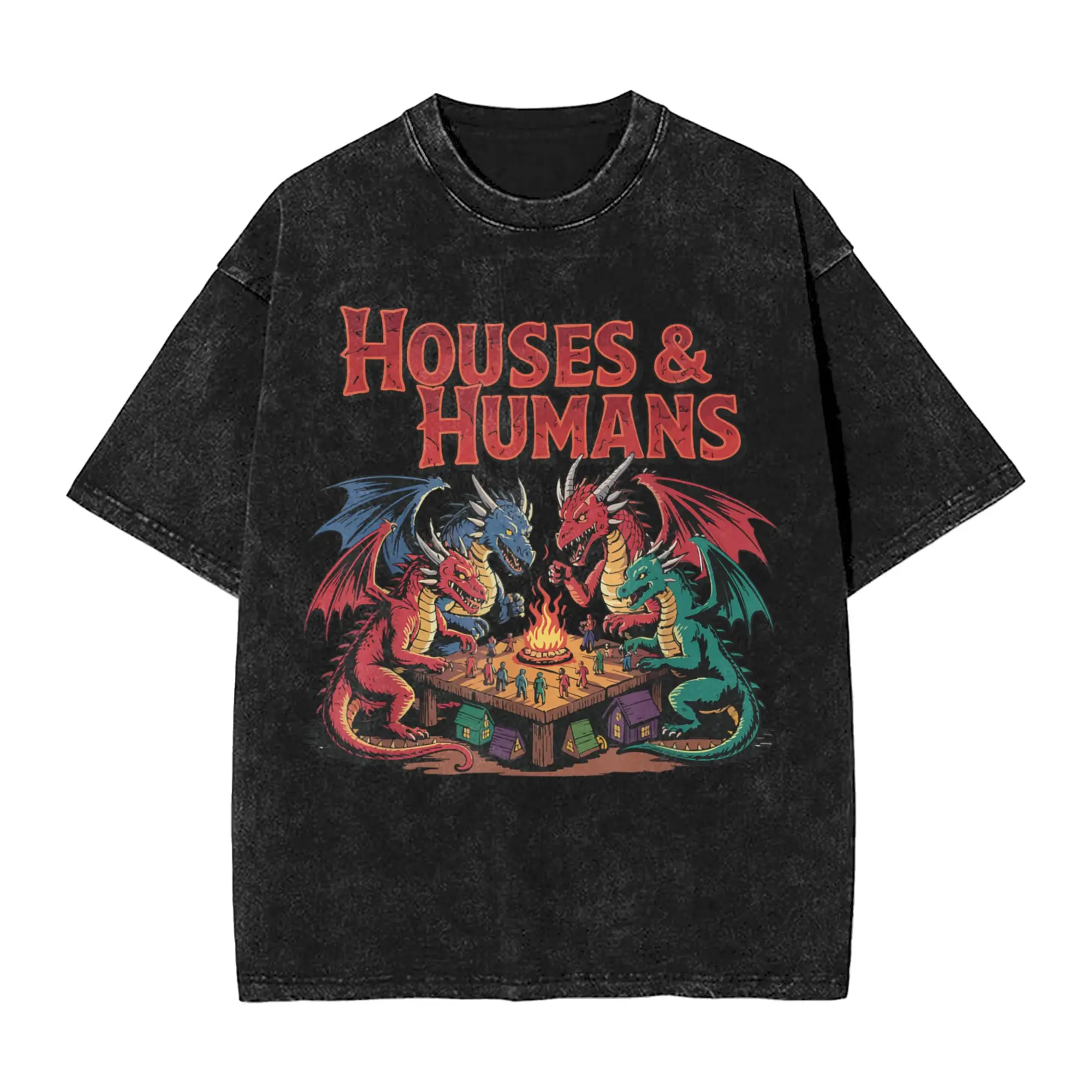 Man T Shirt Houses and Humans Funny Washed T-Shirts Trendy Cool  Beach Tees Y2K Classic Design Cotton Clothes Dropshipping