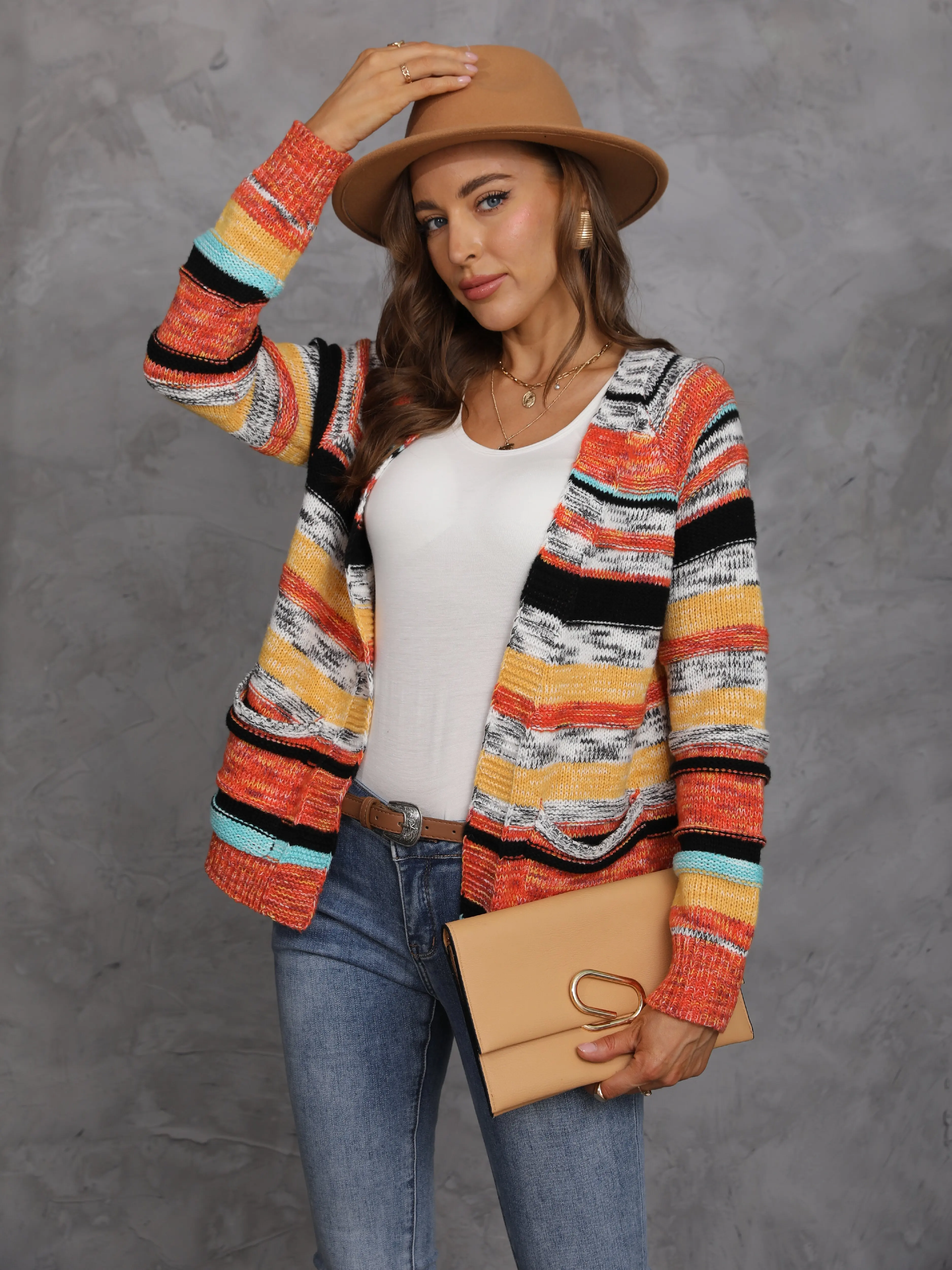 Women\'s Rainbow Stripes Sweater Knitted Cardigan Korean Casual Coat 2024 Spring Autumn Long Sleeve Jacket Shawl Ladies Tops