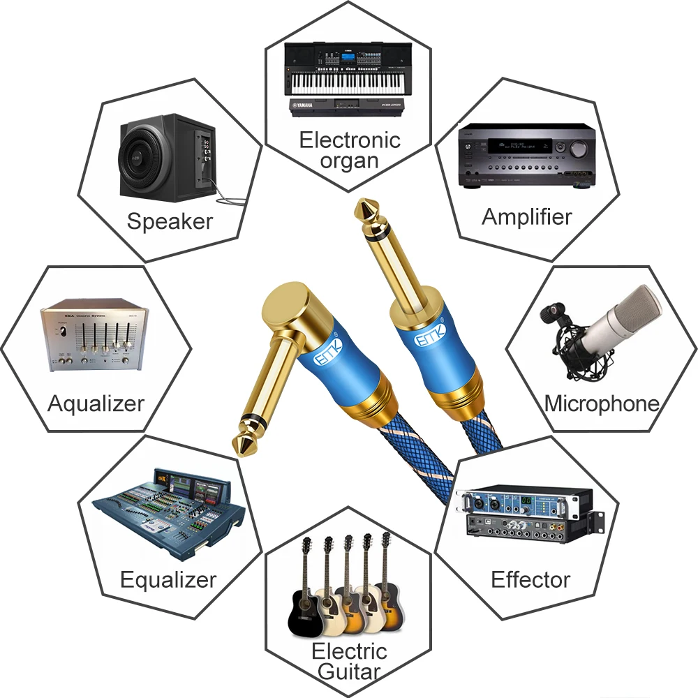 EMK kabel gitary elektrycznej Mono1/4 TS kabel przyrządowy złoty wtyczka powlekana kabel basowy pod kątem prostym do 6.35mm dla klawiatury, głośnika