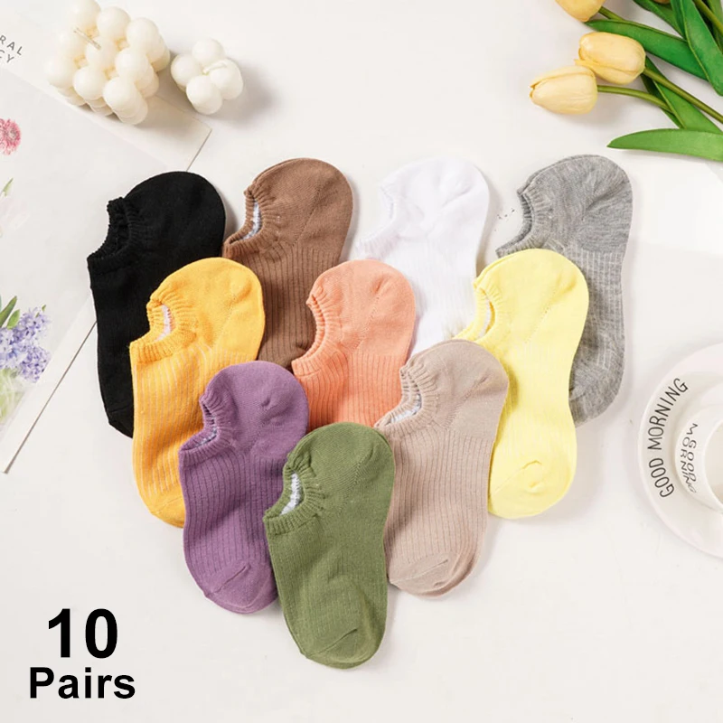 10Pcs Socks for Women Ultra-thin Cotton Candy Colors Socks for Girls Shallow Mouth Solid Non-slip Non-falling Boat Socks