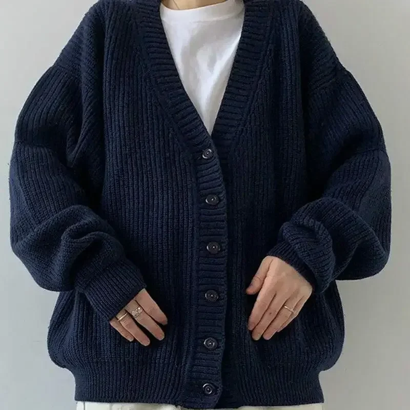 New Korean retro dark blue V neck knitted cardigan trendy ins style solid color versatile thickened sweater jacket casual y2k