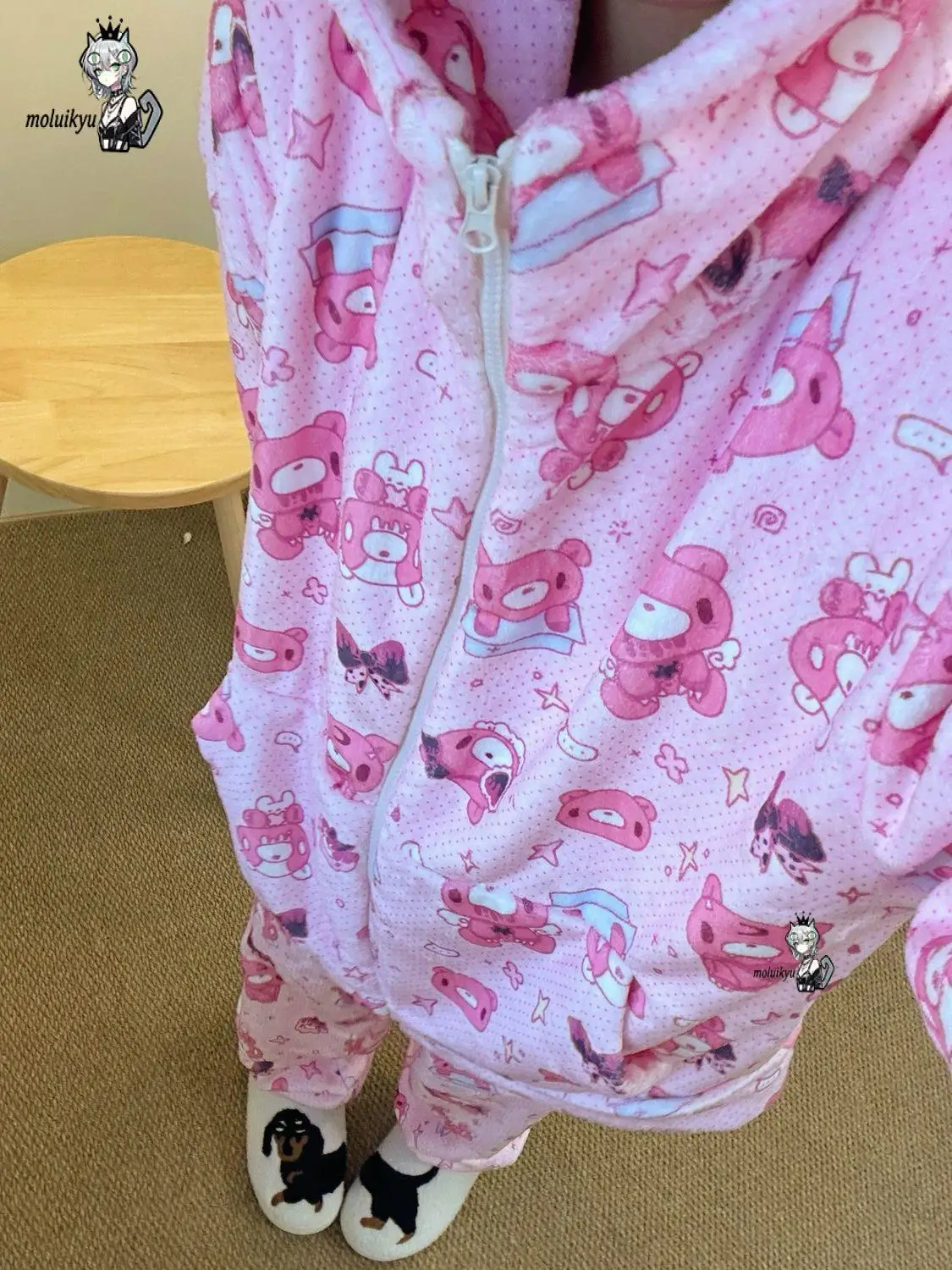 2Pcs Women Kawaii Pink Gloomy Bear Pajama Set 3D Bear Ear Hooded Zipper Flannel Sleepwear Warm Winter Thicken Loungewear Gift