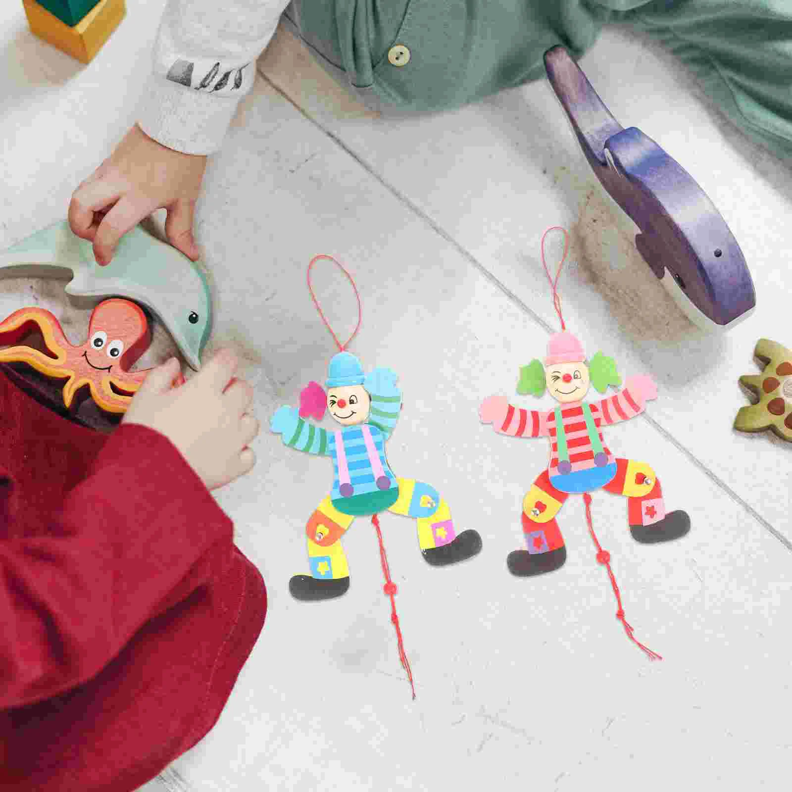 2 Pcs Pull Line Clown Toy Wooden Puppet Marionett Houses Theater Marionette Puppets for Kids Toys Show Supplies Cute String