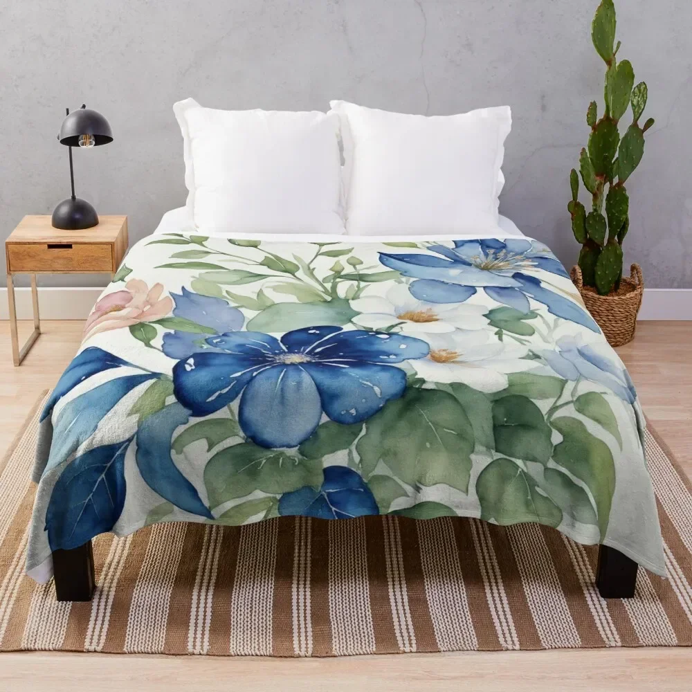 

Watercolor Blue and Green Pastel Floral Pattern Throw Blanket Color Fast Cozy Throw Blanket