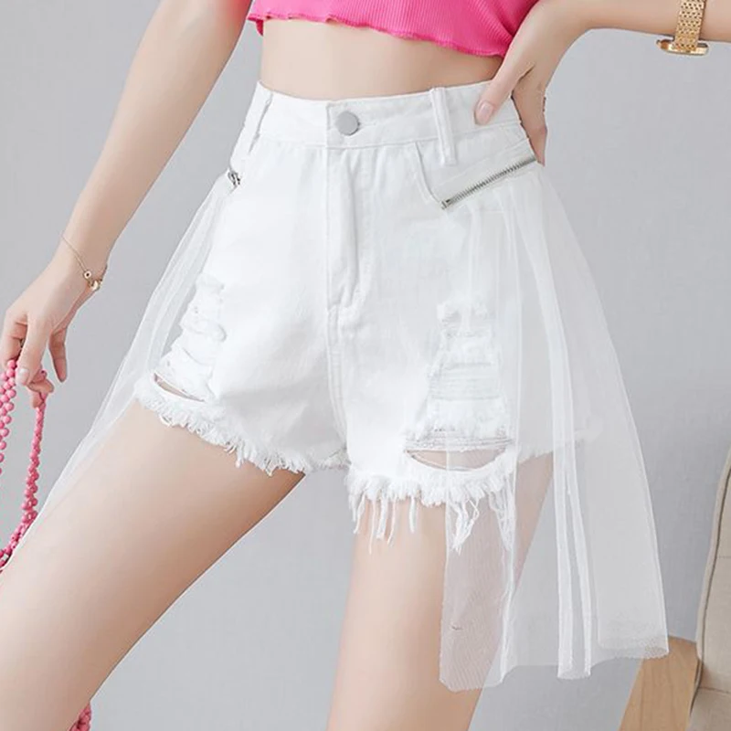 2023 Summer New denim with holes  wide leg hot pants, mesh stitching, high waisted shorts for women