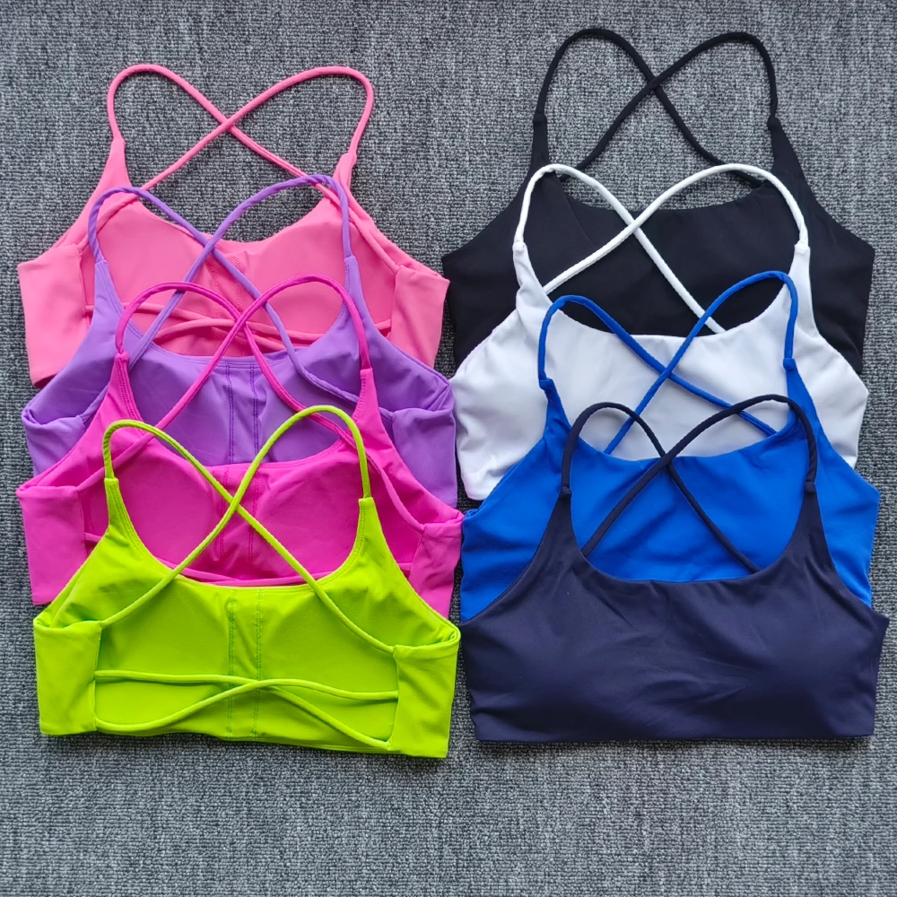 ﻿ Solid Colorsexy Soft Women Fitness Sports Bra Top Gym Yoga underwear cross Back Cutout Athletic Tight Workout With Chest Pad