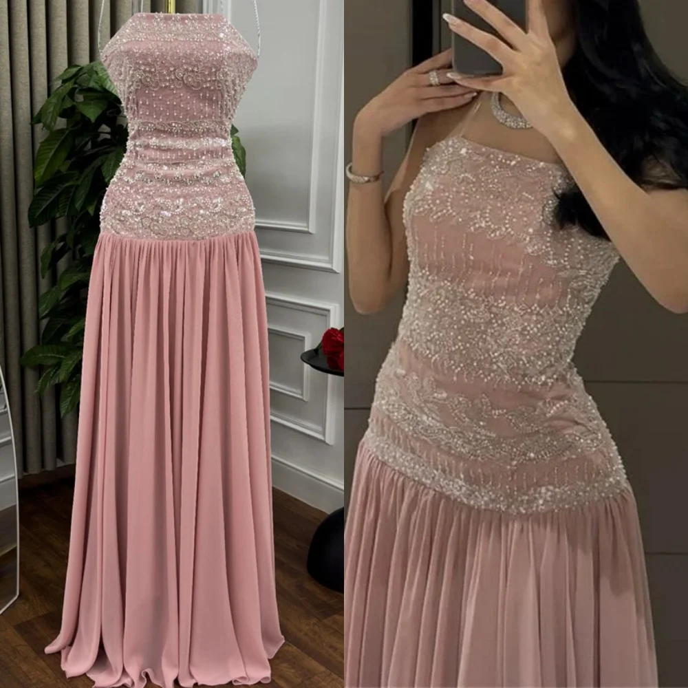 

Customized Luxury Pink Jersey Dresses 2025 Woman Exquisite Strapless Sleeveless Evening Dress Temperament Vestido De Festa