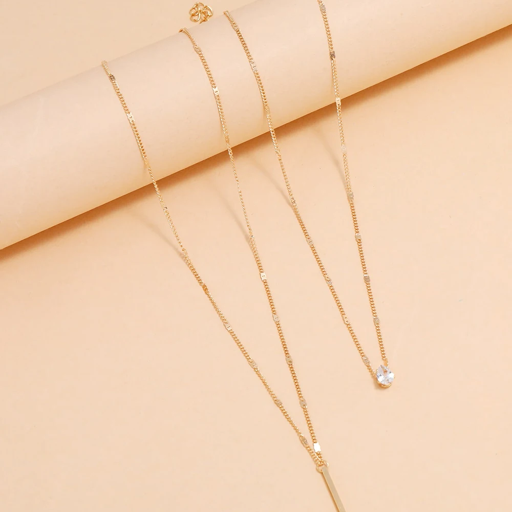 2Pcs/Set Fashion Multi-Layer Water Drop Zircon Bar Pendant Collarbone Choker Simple Metal Long Necklace For Birthday Party Gift