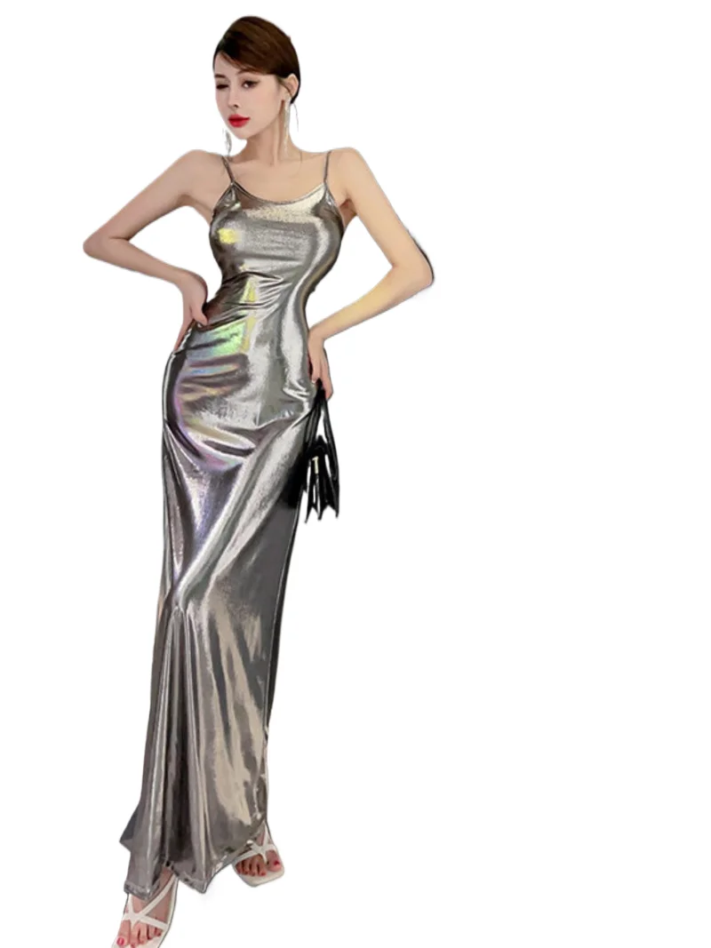 

Sexy Style Light Luxury Spicy Girl Bright Female Korean Indie Style Silver Dress Elegant Party Fashion TemperamentBMI6