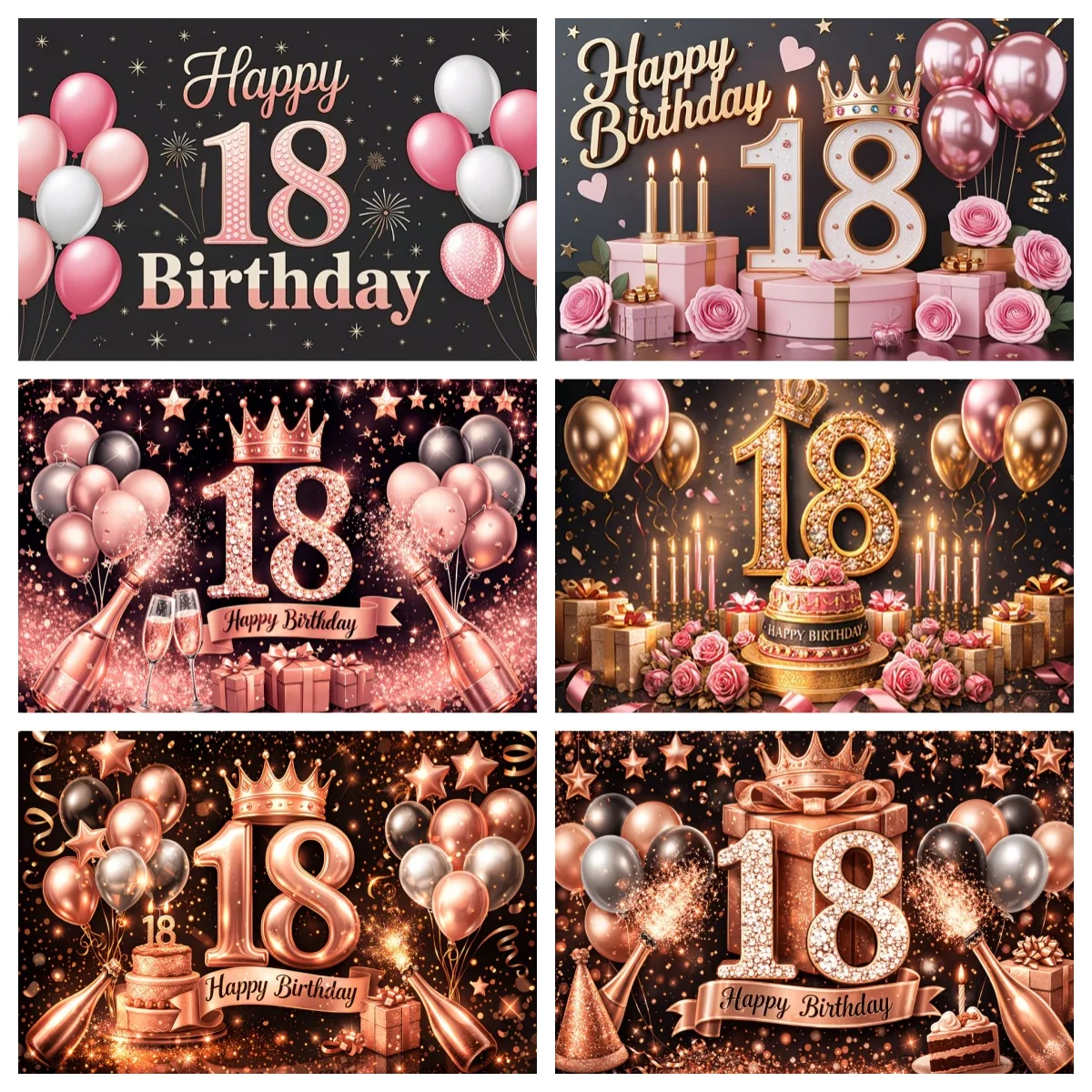 

18th Happy Birthday Party Decoration Background Pink Balloon Rose Champagne Gift Backdrop Girls Photography Supplies Banner Gift