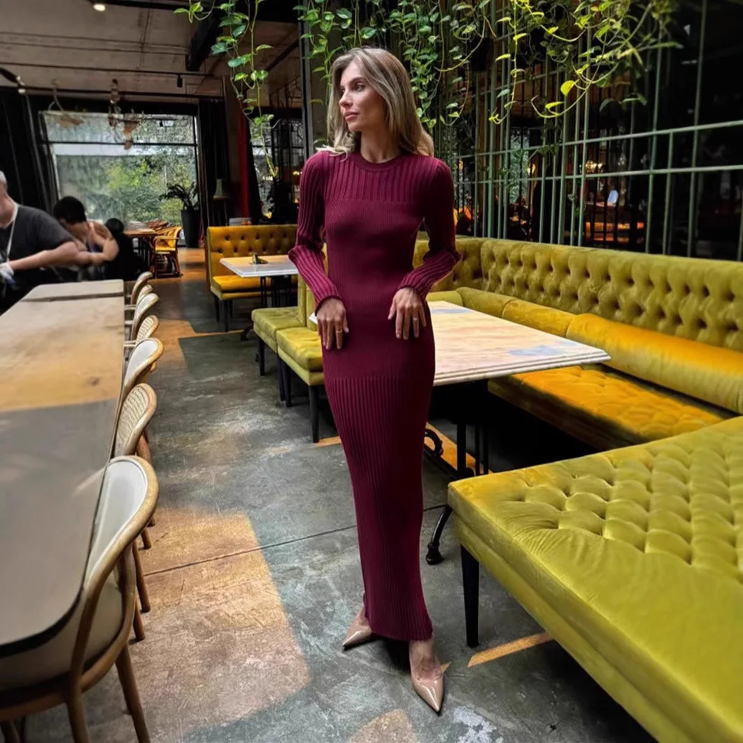 新作 秋冬 長袖 リブ編み ボディコンワンピース - ラウンドネック 無地 スリムフィット セーターワンピース レディース カジュアル