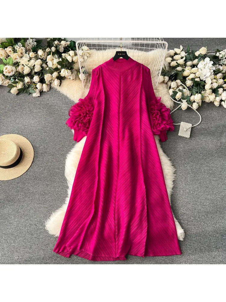 

Miyake Pleated Flower Bud Long Sleeved Dress Arab Hot Selling High Neck Fashionable Black Women's Long Dress Formal Occasion