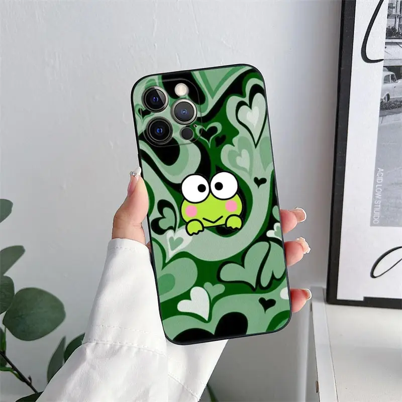 Cartoon Keroppi Green Frog Phone Case for iPhone 11 15 Pro Max Case Coque 14 Plus 13 Pro 12 11 X S XR 7 8 SE 2020 TPU Soft Cover