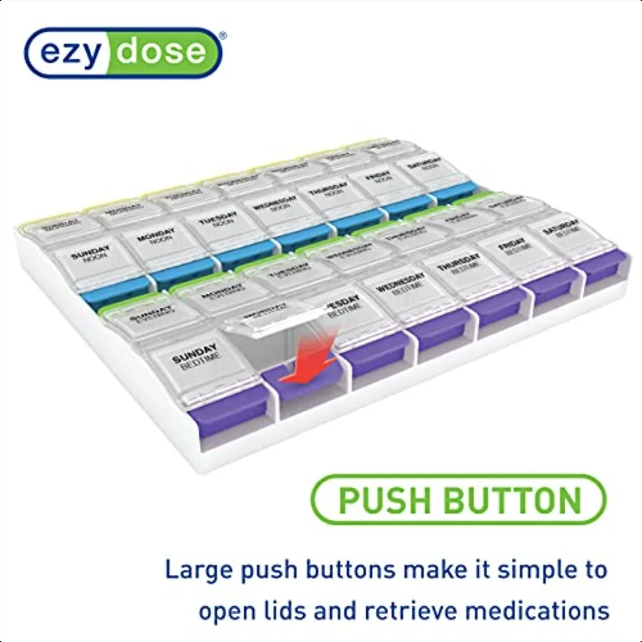 Ezy Dose Weekly 7Day Pill Organizer Vitamin and Medicine Box 2XLarge Push Button Compartments 4 Times a Day Clear Lids