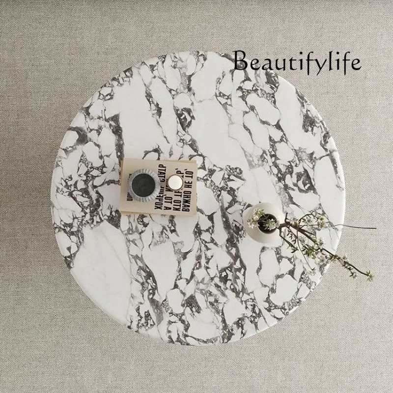 Mesa de centro de mármore natural estilo creme francês AL Y, tampo oval redondo italiano lacado e estrutura de aço inoxidável, resistente ao calor