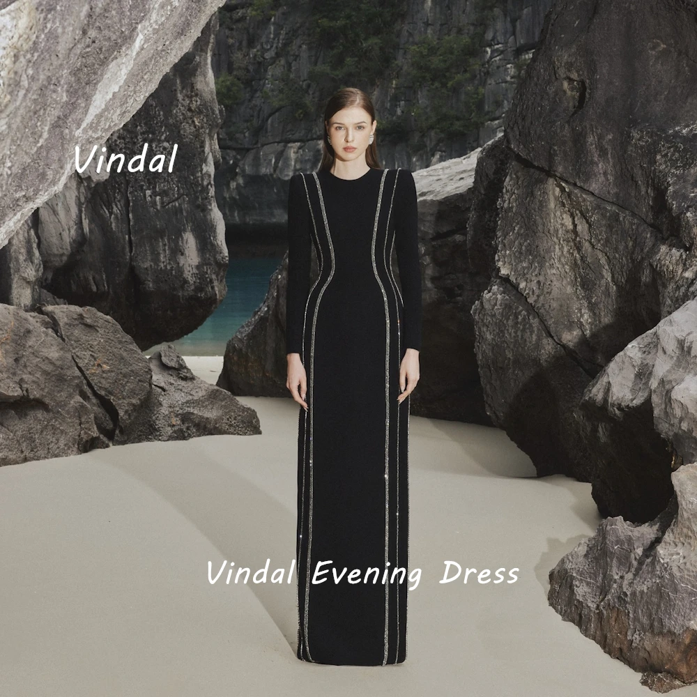 Vindal Crepe Floor length O-Neck luxurious Straight Fashion Beaded Breast Padding Elegant Long Sleeves السعود For Woman 2024