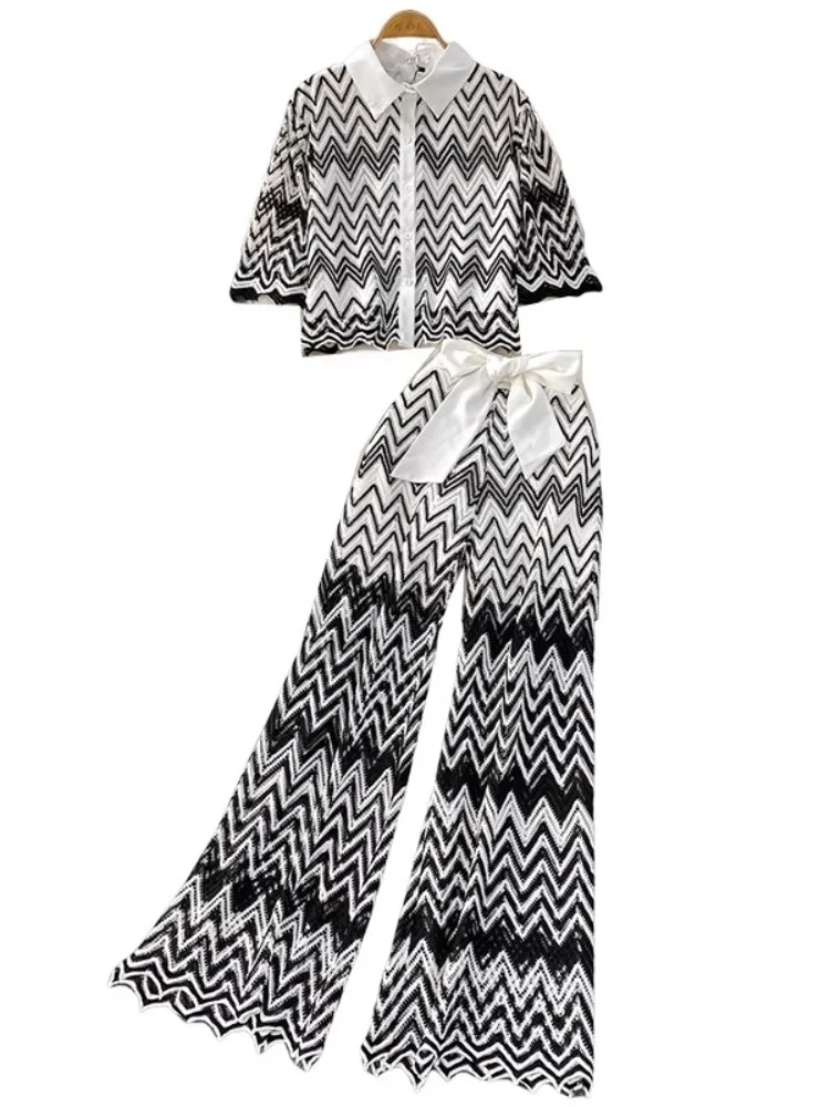 Aushöhlen Spitze Anzug Gestreifte Gestrickte Urlaub Strand 2-teiliges Set Frauen Lose Revers Hemd Tops + Hohe Taille Bogen spleißen Hosen Sets