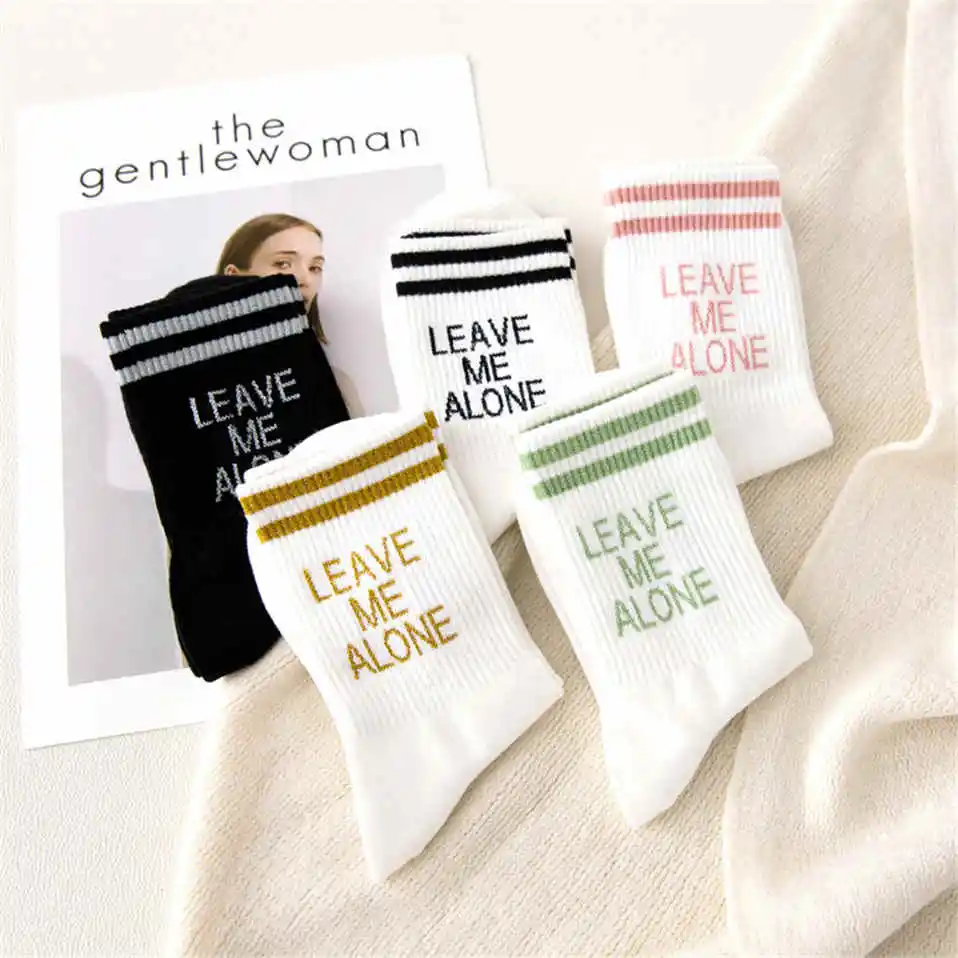 2023 Socks For Women Stripe Print Letter Leave Me Alone Socks With Inscriptions Breathable Hip Hop Skateboard Crew Sokken