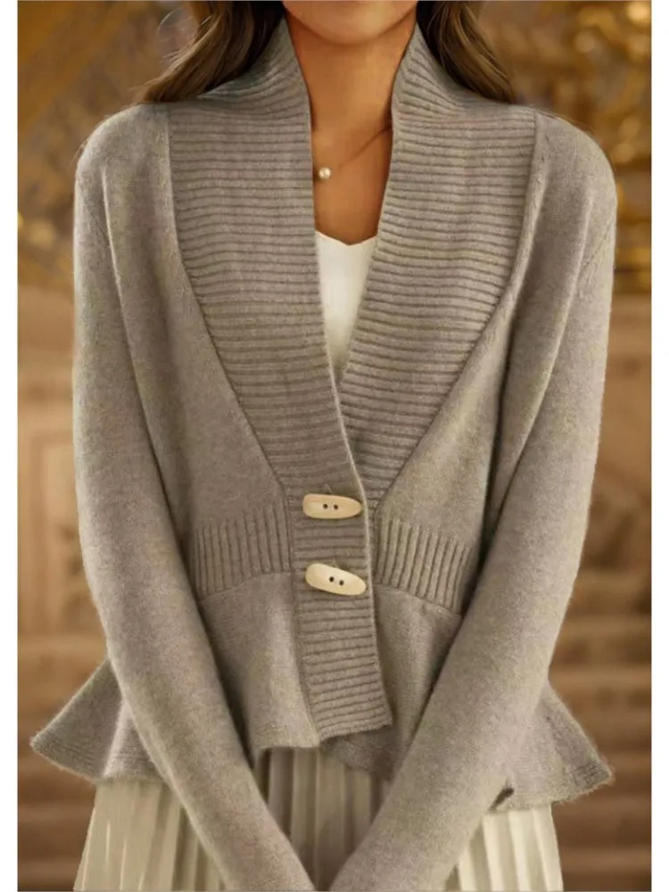 

Solid-color Knitted Long Sleeves Coat For Woman Fashion V-neck Ruffled Hem Sweater Autumn Winter Lady Elegant Cardigan Sweaters