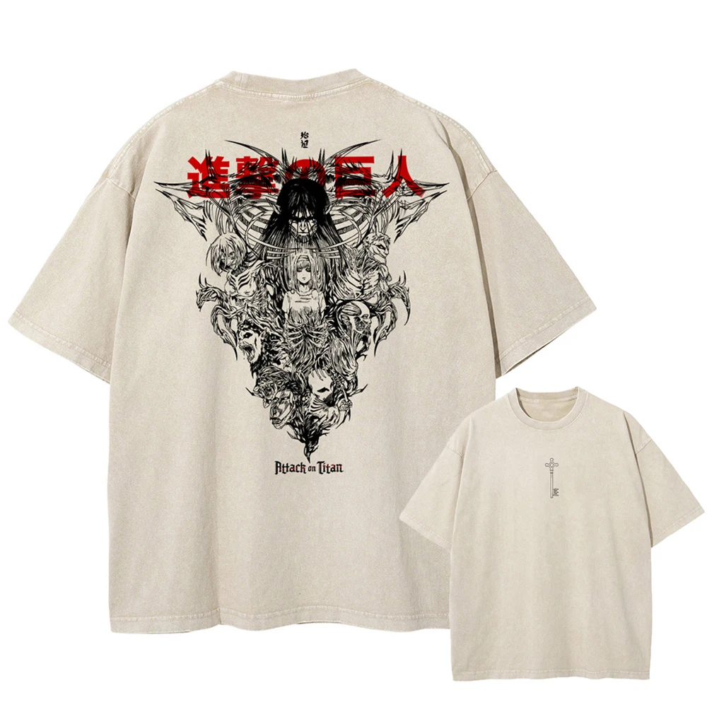 Attack on Titan Manga T-shirt Eren Jaeger Graphic Tshirt Washed Cotton T Shirt Short Sleeve Loose Soft Tee Men Women Clothing
