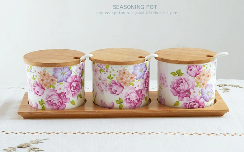 

3pcs Set, Fine Bone China Spice Rack Set with Spoon and Lid, Pink Lower Design, Salt Pepper Jar, Porcelain Box