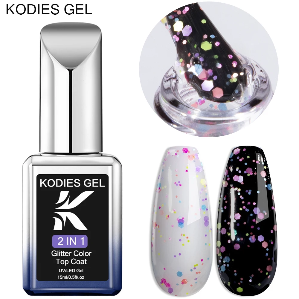 KODIES-Esmalte UV Semi-Permanente com Gel, Top Coat Glitter, Confete, Arco-íris, Lantejoulas, Acabamento, Gellak, Manicure, 15ml