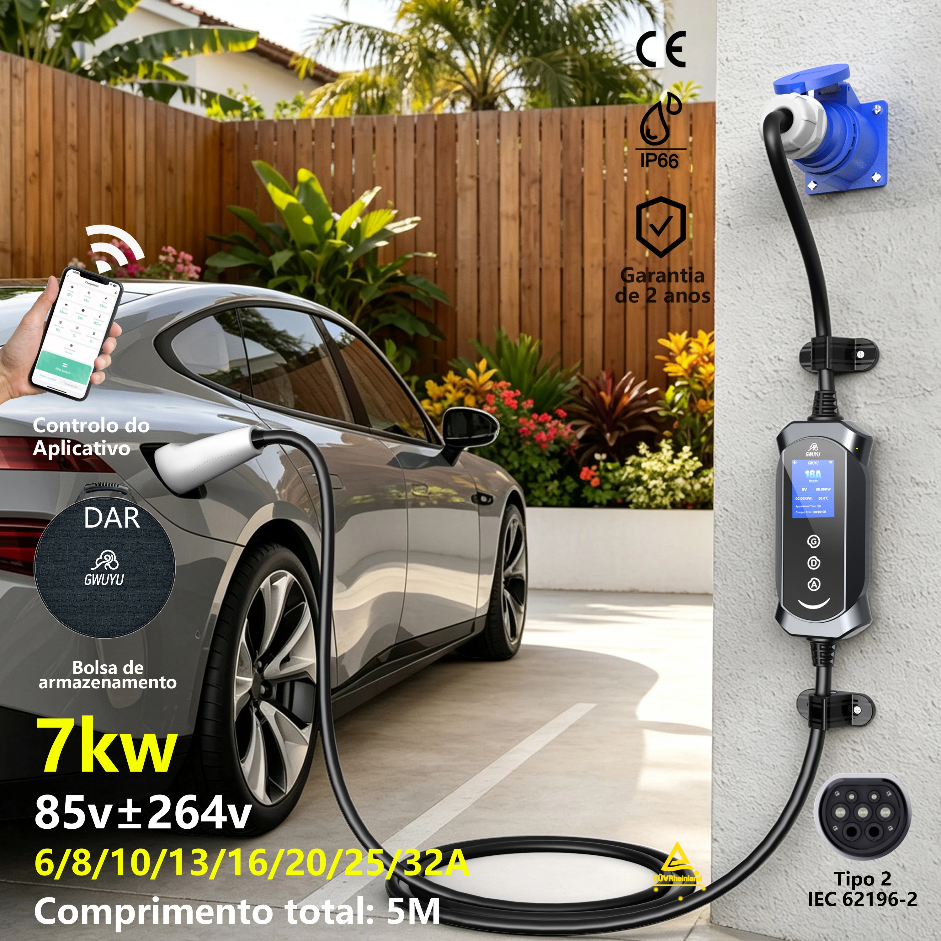 Carregador Portátil GWUYU EV Tipo 2 7KW 32A 85-264V com Tela de Exibição para Carro Elétrico, Carregador WallBox Enviado do Brasil