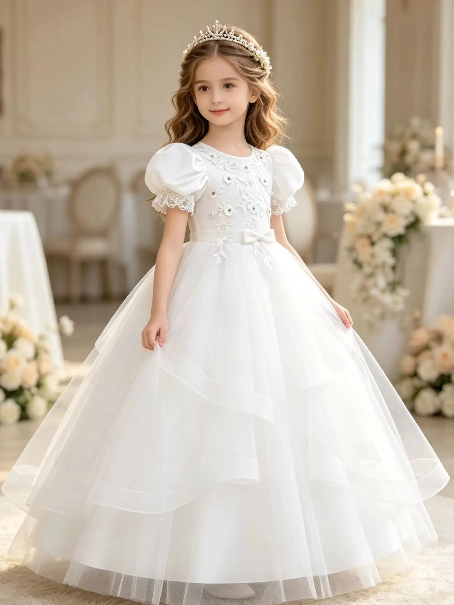 

Fashion Flower Party Girls Dresses Elegant First Communion Wedding Tulle Bridesmaid Princess Dresses Girl Bow Christmas Costume