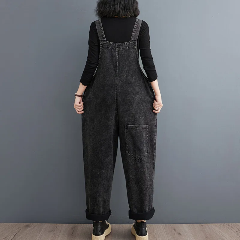 #1435 Black Denim Jumpsuits Women Loose Wide Leg Jeans Jumpsuits Ladies Embroidery Letters Streetwear Vintage Long Jumpsuits