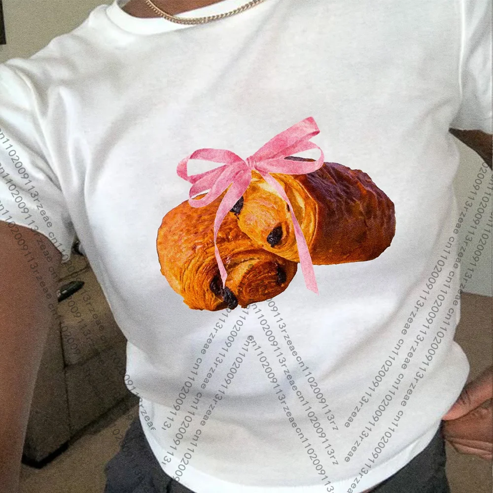 

Croissant Bow Print T-Shirt Y2k Harajuku Graphic Tee 90s Style Women Clothing Funny Cute French Bread Fashion Casual Girl Top