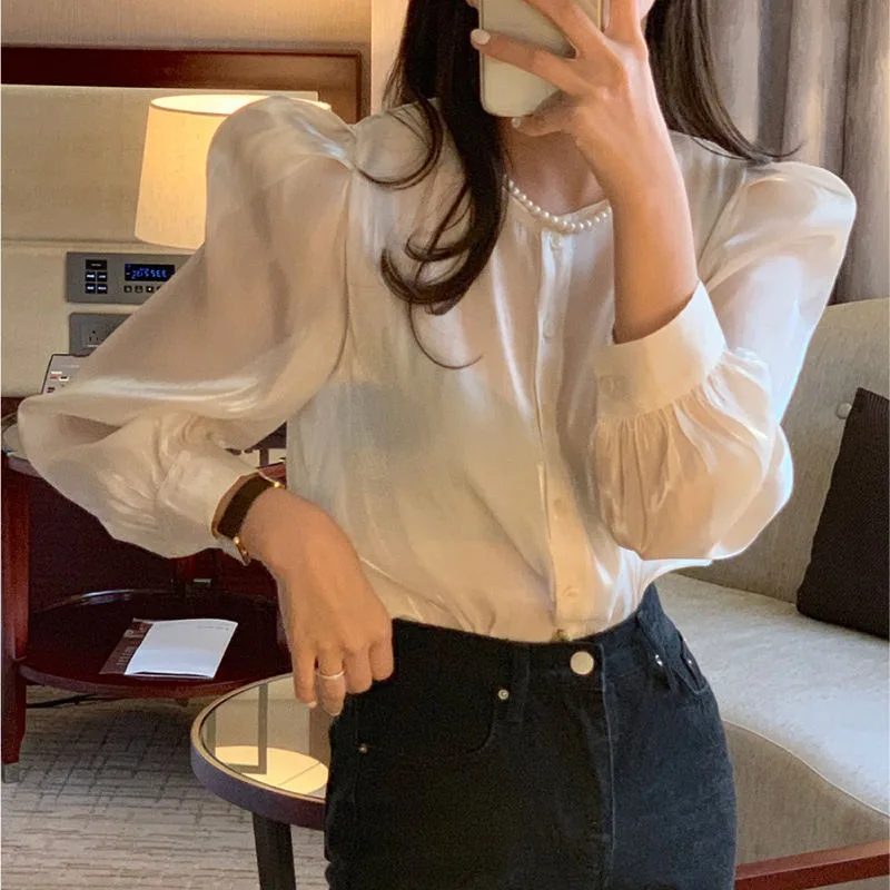 Spring 2026 Design Sensation Korean Style Micro Transparent Pearl Smooth Bubble Sleeve Shirt Base Top Women's Fashion Blouse