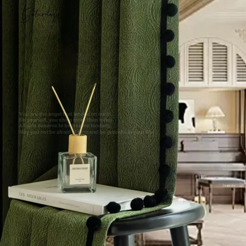 

French Retro Curtains for Living Room Bedroom Blackout American Olive Green New Style Antique Style Room