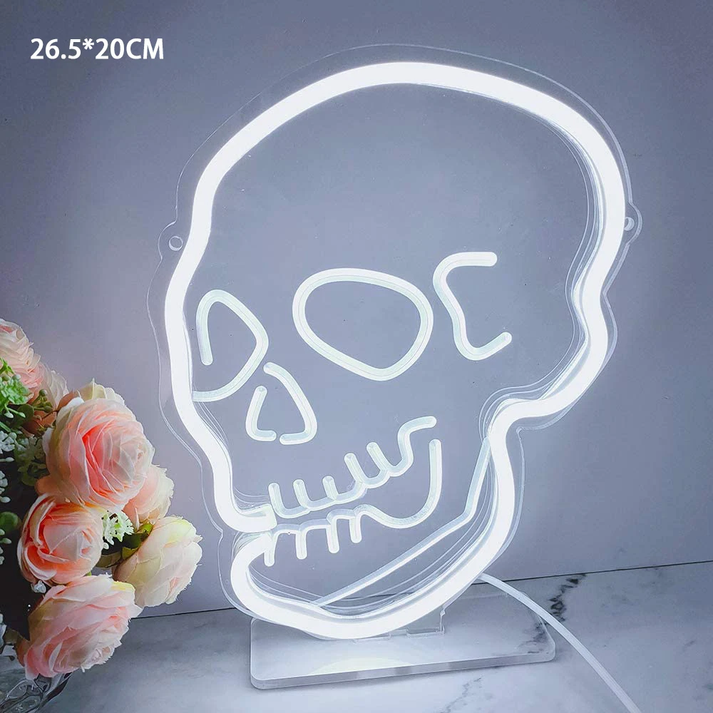 Skull Neon Sign 3D Art USB White Dimmable Switch Neon Sign with Stand Base for Living Room Shop Bar Sign Halloween Decoration