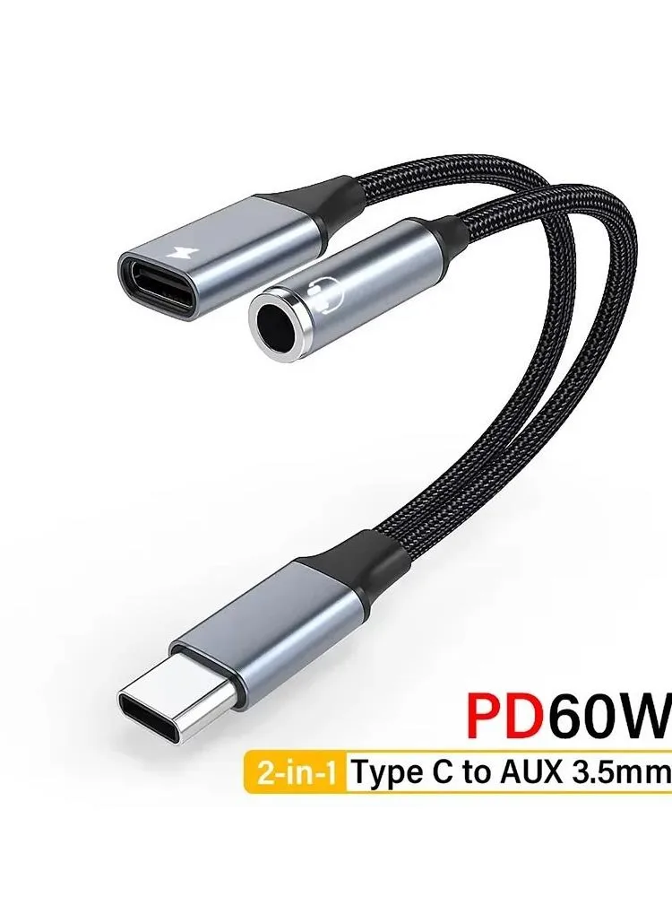 Adaptateur de prise casque 2 en 1 USBC vers 3.5mm, Type C PD 60W, Charge Audio Aux, pour iPhone iPad Pro Samsung S24 Xiaomi Huawei