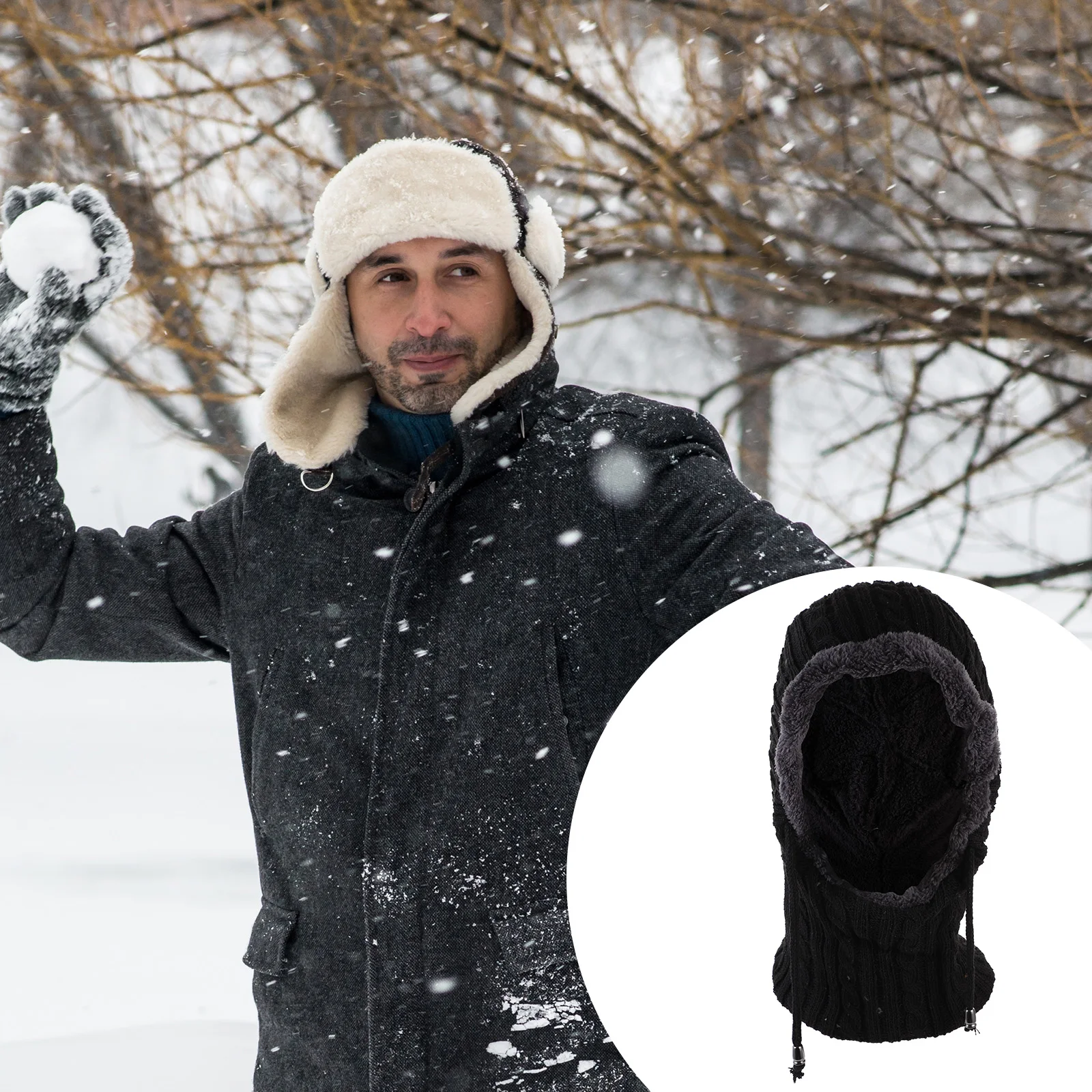 

Fleece Knitted Hat Caps for Men Hats Keep Warm Scarf Women Headwear Fashion Hoodie and Black