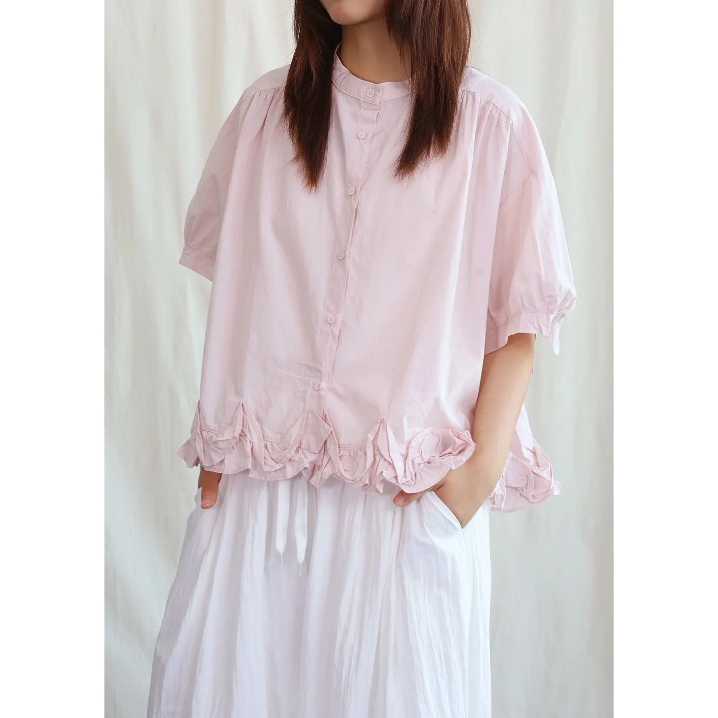 

Japanese Style Cherry Pink Ruffle Hem Short Sleeve Shirt round Neck Single Button Women's Summer Cotton Breathable Loose Fit Top