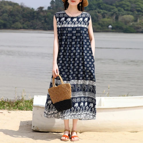 Nueva moda Casual Vintage vestido de verano para mujeres 2025 vestidos sueltos sin mangas cuello redondo ropa de mujer