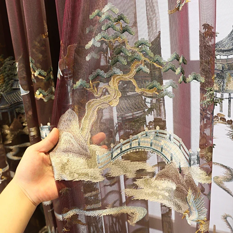 New Chinese High-grade Embroidered Window Screen Splicing Wine Red Velvet Curtains For Living Room Bedroom Study French Window