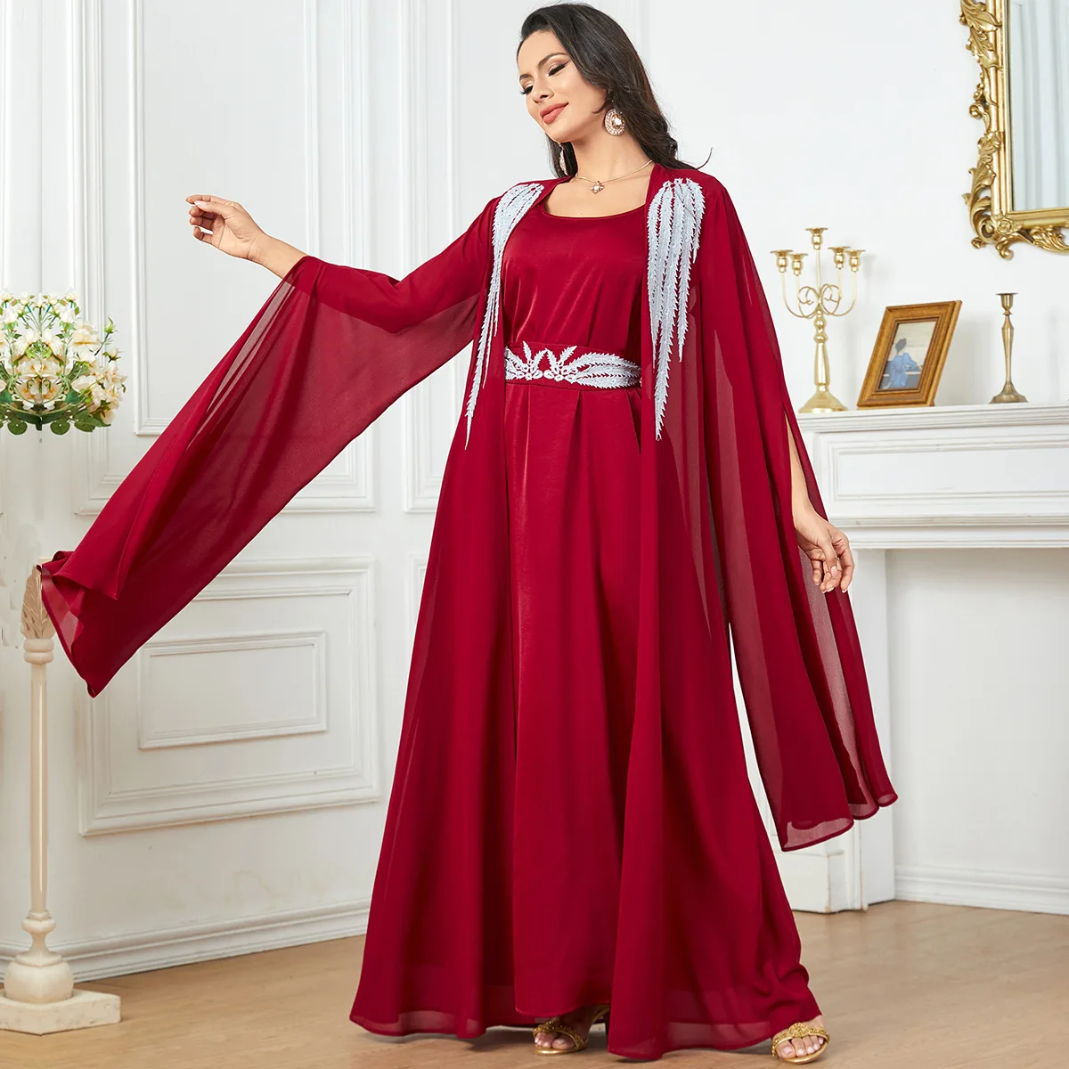 Caftán bordado de gasa de manga larga para mujer, conjunto de vestido interior de Abayas, Kimono abierto, Dubai, Turquía, marroquí, Islam, Jalabiya, Eid Mubarak