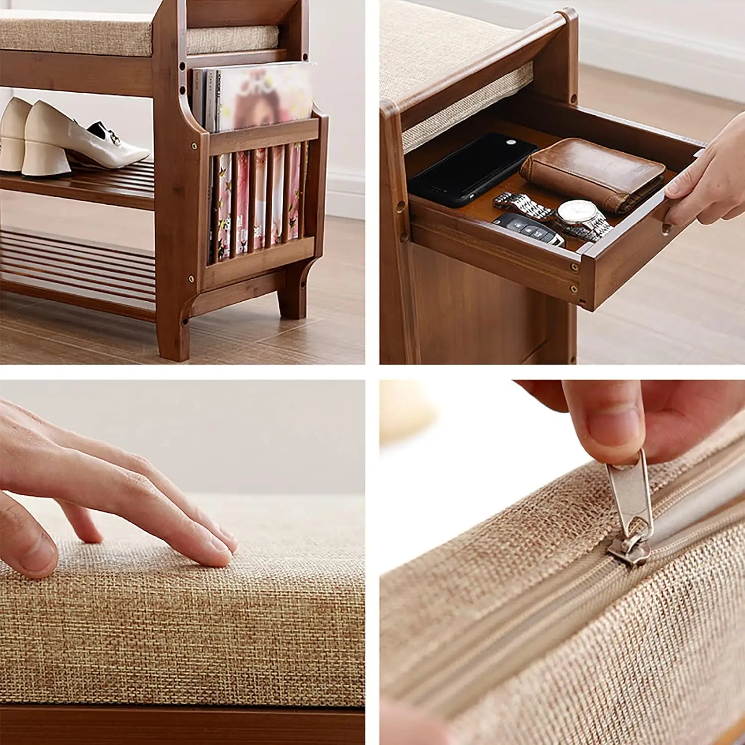 2 Tier Brown Bamboo Shoe Rack Bench with Soft Cushioned Seat