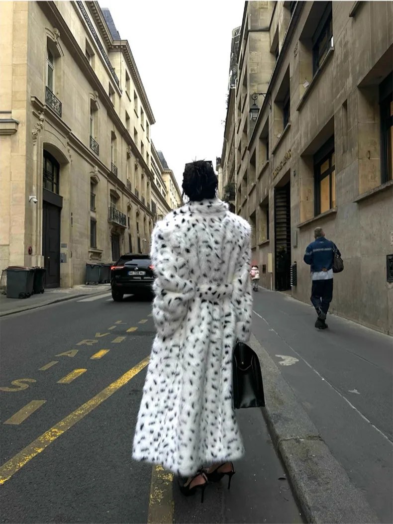 Fashion Eco-Friendly Long Leopard Print Fur Coat Women's Lapel Loose Thick Plush Overcoat Winte UCPF view 6