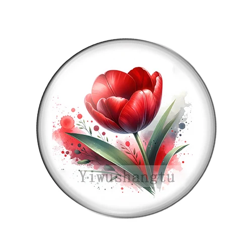 Watercolor Red tulip Art Paintings 12mm/18mm/20mm/25mm Round photo glass cabochon demo flat back Making findings