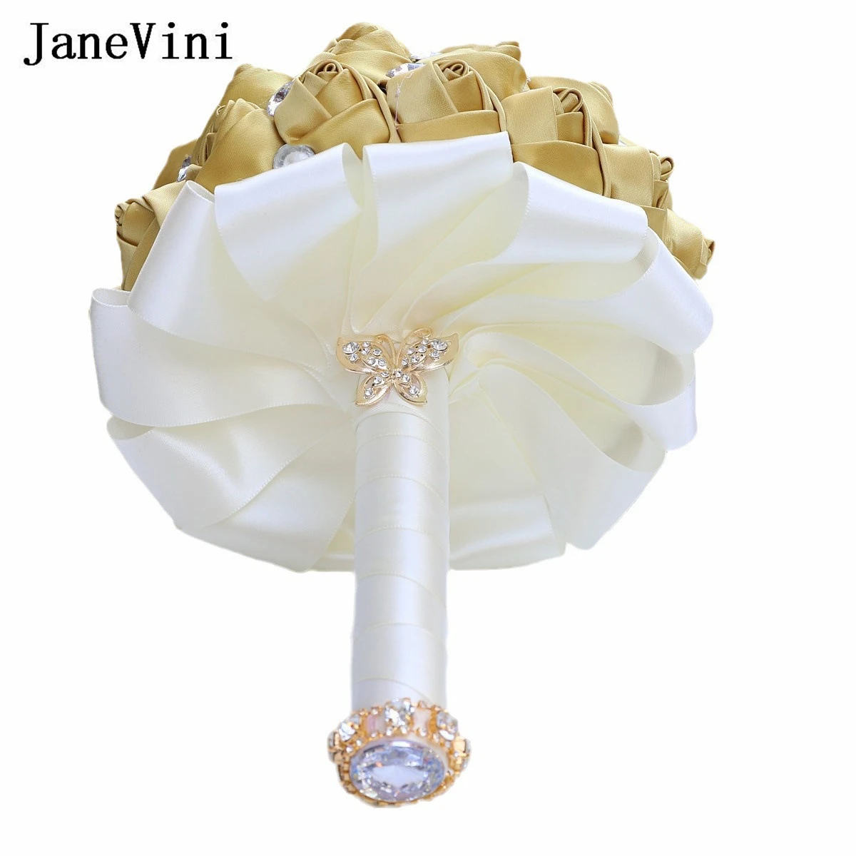 JaneVini Luxury Gold Butterfly Rhinestone Bridesmaid Bride Bouquet Novia Rose Handmade Bridal Flowers Wedding Bouquet De Fleur