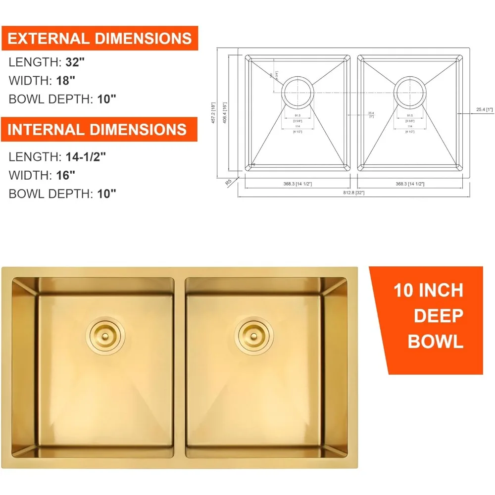 32 Inch Gold Double Bowl Kitchen Sink Undermount 304 Stainless Steel 16 Gauge 50/50 Spacious Double Basin Design Sinks