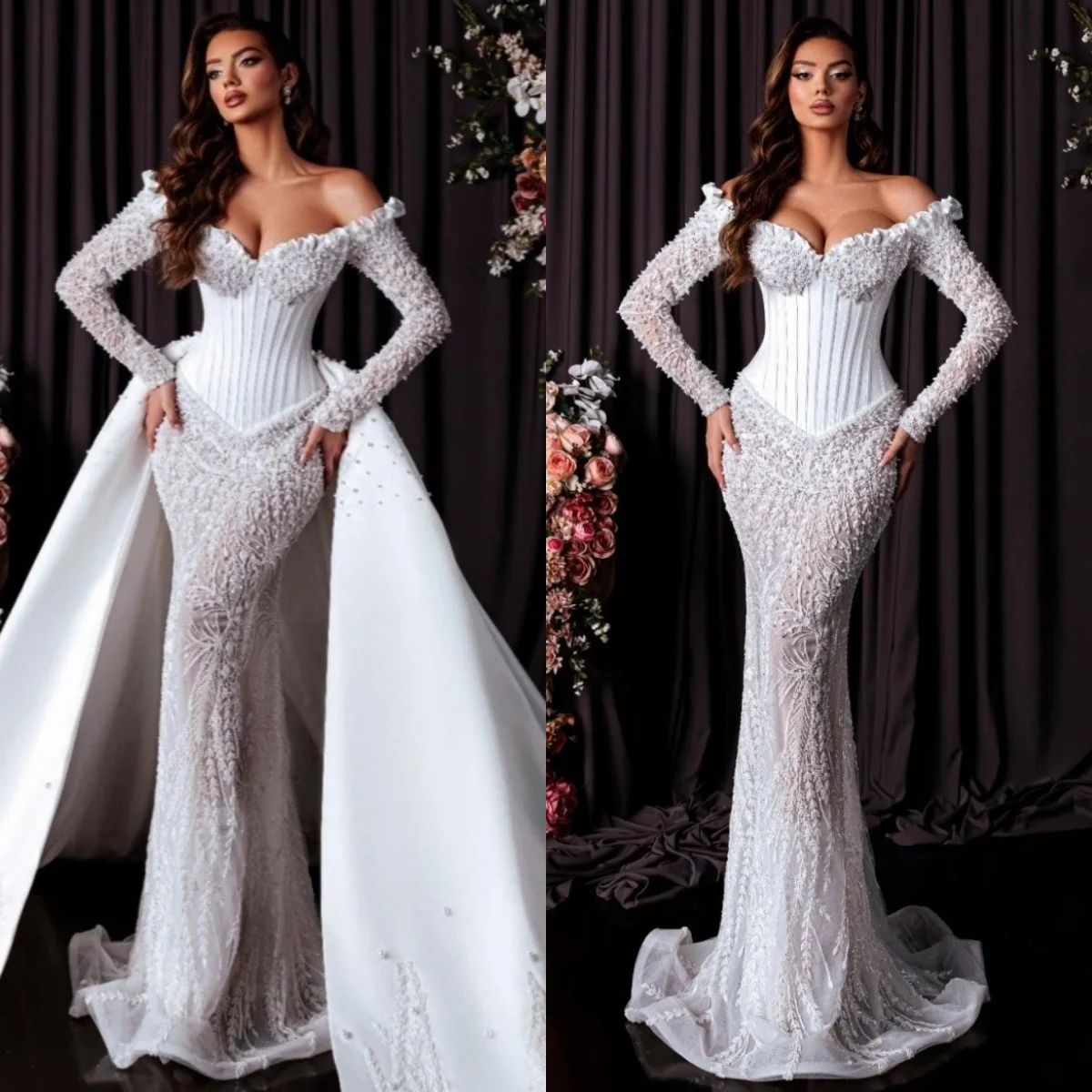 Fancy Pearls Appliques Wedding Dresses Off Shoulder Mermaid Bridal Gowns Oversirts Customized Bride Dress Vestidos De Novia