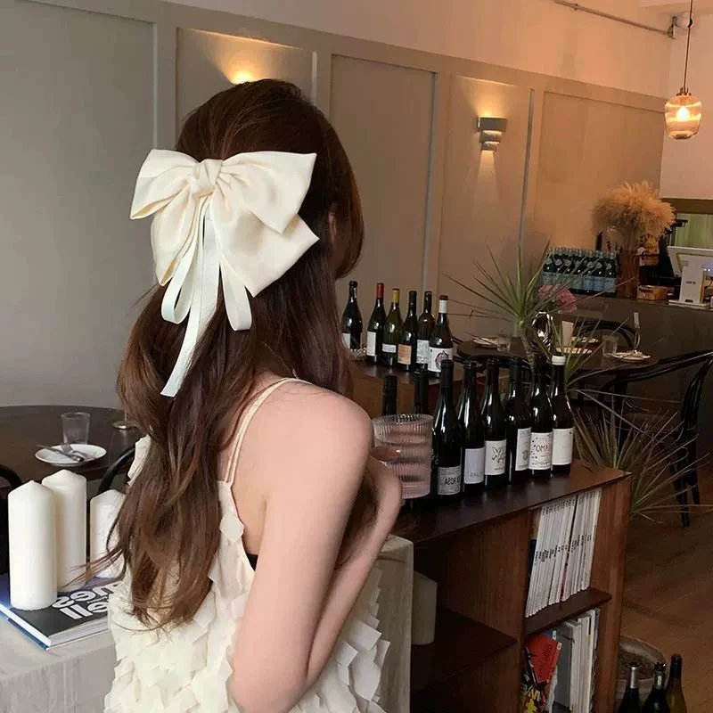 1PC Summer Huge Bow Hair Clip Long Streamer Duck Billed Clip White Large Bowknot Satin Hairpin Elegant And Sweet Hair Accessory image 3