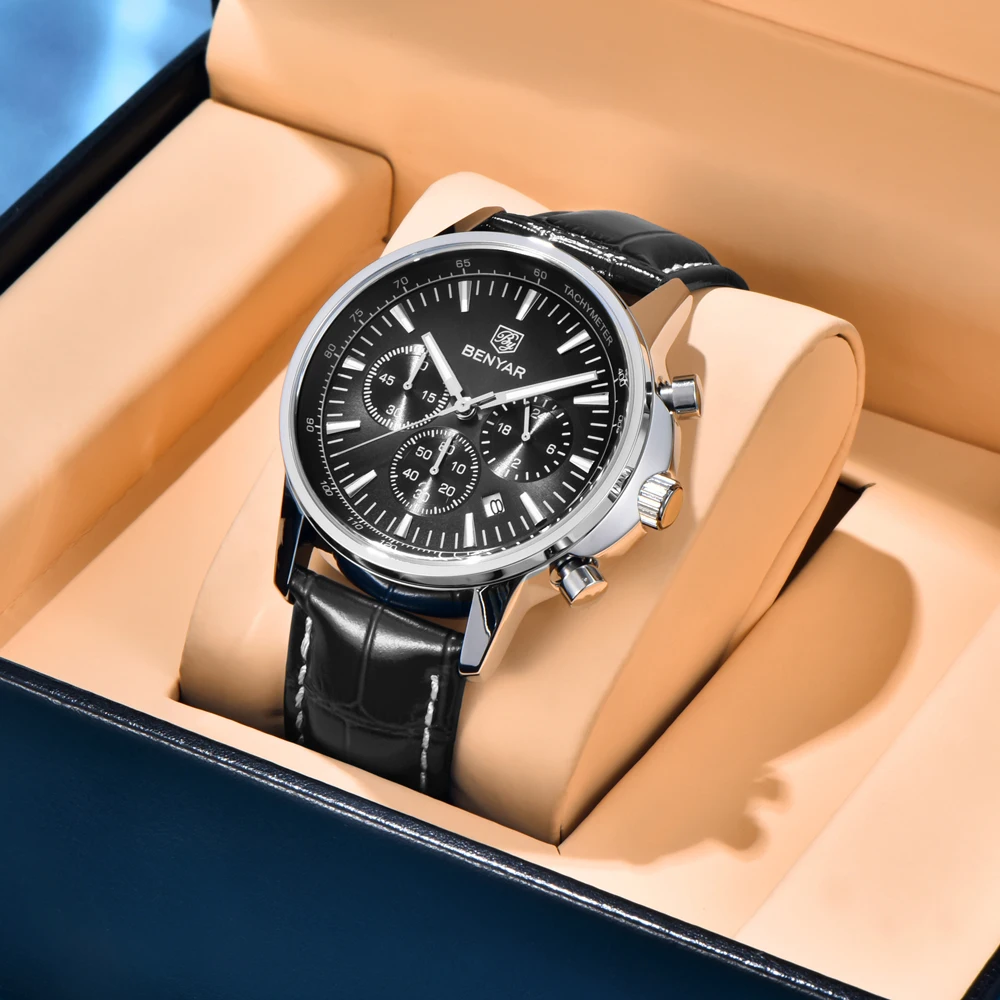 2025 Nuovi orologi da uomo BENYAR Orologi da polso al quarzo di lusso superiore Orologio cronografo sportivo per regali uomo Pelle luminosa impermeabile
