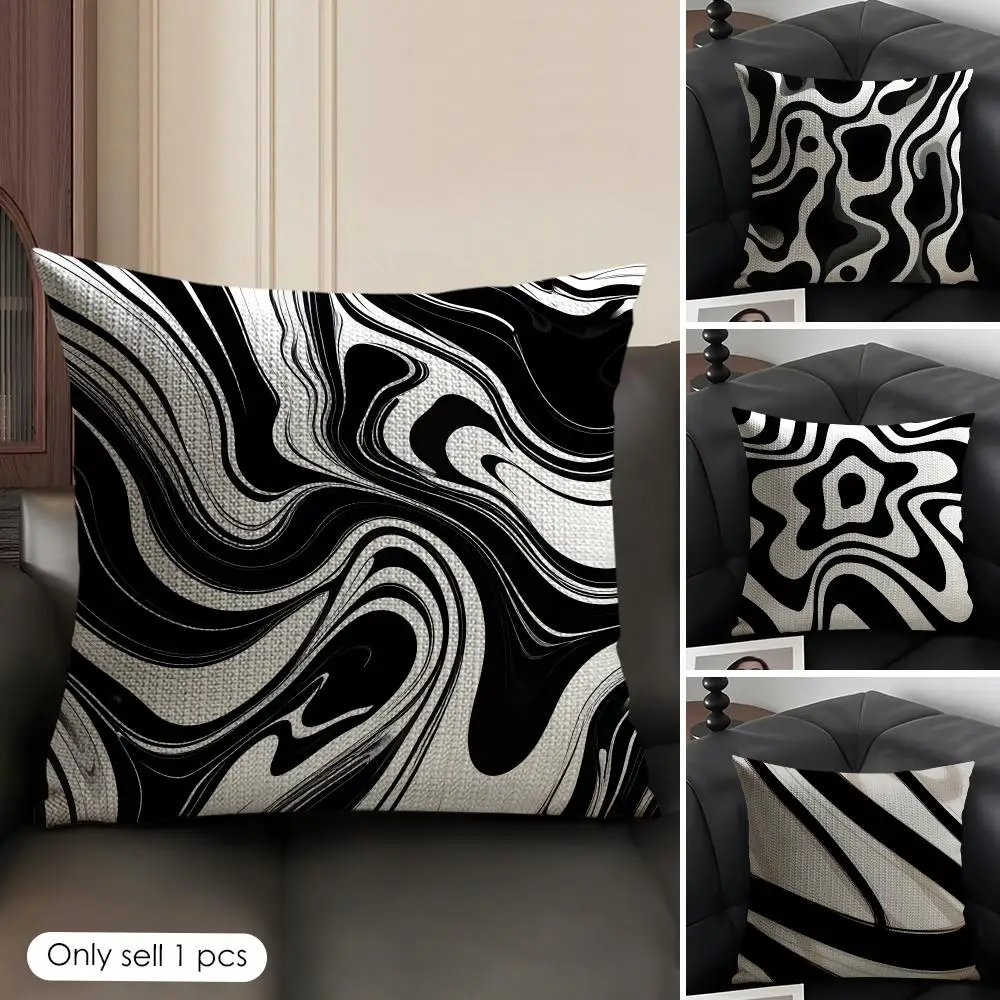Sophisticated Black White Art Cushion Cover Natural Linen Organic Fabric Double-Sided Printing Breathable Perfect Gift For Decor