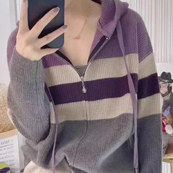 Korean Fashion Autumn New Sweaters Women's Hooded Striped Contrast Color Double Zipper Elegant Long Sleeve Cardigan Knitted Tops